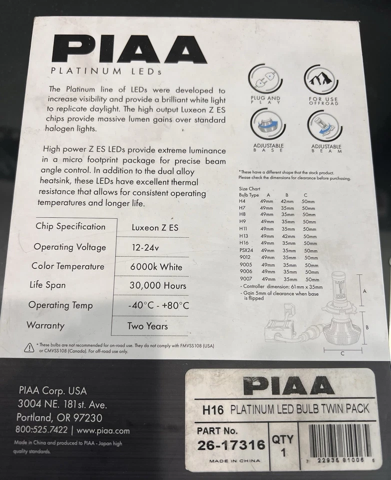 PIAA HB16 Platino LED Faros Bombillas Paquete Doble Blanco Brillante 6000K Foto 2 de 4