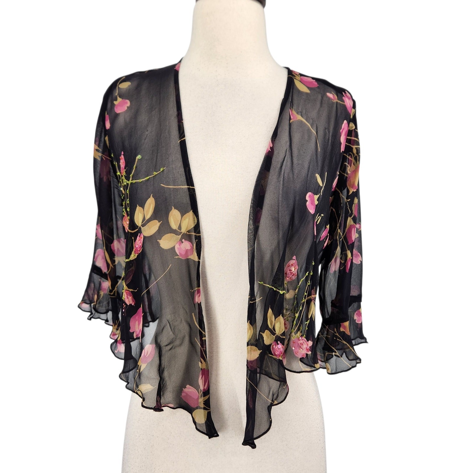 Robbie Bee 90s Silk Dress Set – Black Floral Sheath Dress Matching Sheer Jacket