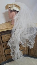 Vtg Ivory Bridal Wedding Hat Tier Tulle Veil Pearl Beaded Headdress Minor Aging
