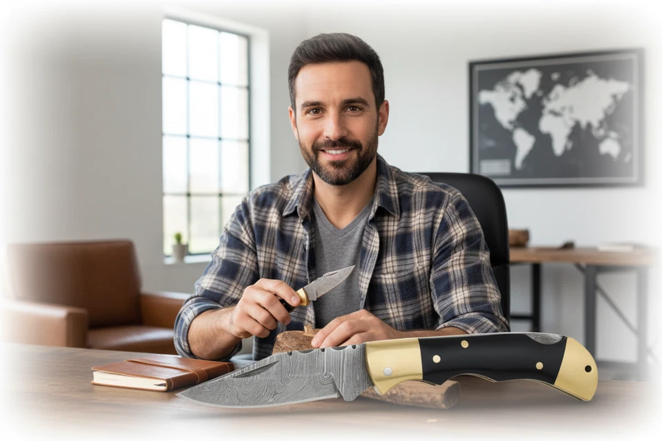 Складной нож ручной работы из дамасской стали с замком с рогом буйвола и кожаными ножнами - Изображение 3 из 4