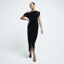 River Island Womens Midi Dress Black Velvet Drape Crew Neck Sleeveless