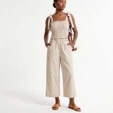 Rebecca Taylor Beachy Wide Leg Jumpsuit Cream Smocked Linen Quiet Luxury Size 4