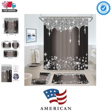 4 Pcs Glitter Diamond Shower Curtain Sets, Black Silver Shiny Drips Bath Deco...