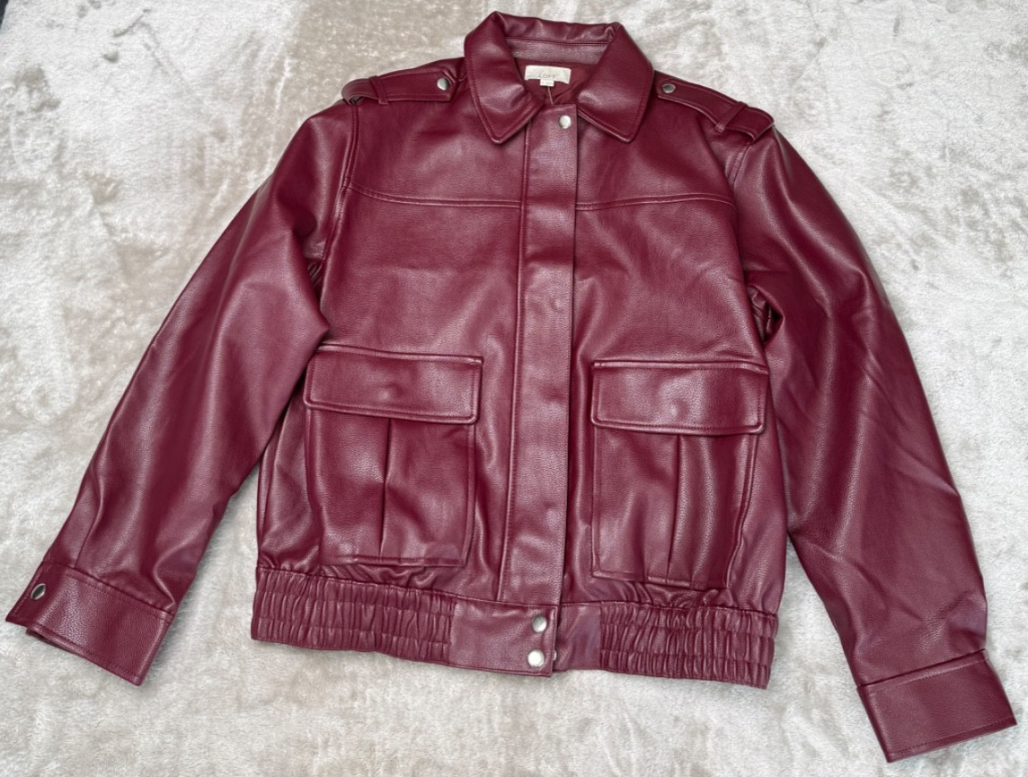 Loft Burgundy Faux Leather Bomber Jacket Womens Size M NWT