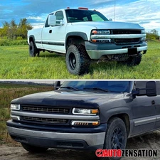 Fit 1999-2002 Silverado Tahoe Slick Black LED Projector Headlights+Bumper Lamps