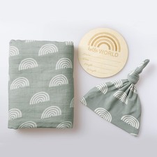 Miaoberry 100 Organic Cotton Muslin Blanket Sage Green Baby, Rainbow