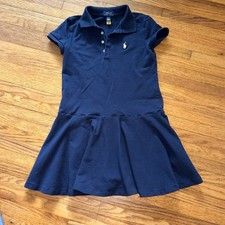Polo Ralph Lauren Dress Girls M 8-10 Navy Blue Stretch Short Sleeve pink pony