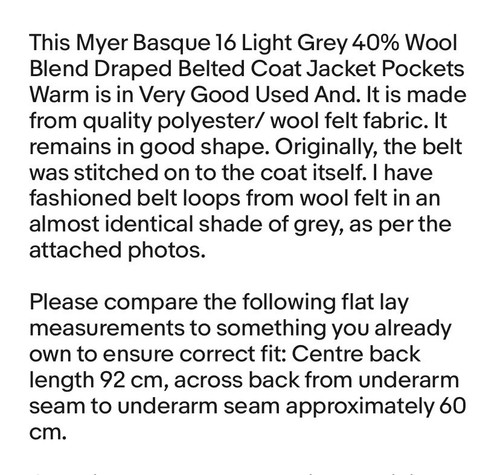 Myer Basque 16 Light Grey 40% Wool Blend Draped Belted Coat Jacket Pockets Warm - Bild 18 von 18
