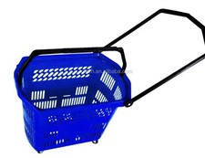 6 Blue Plastic Rolling Shopping Basket Cart w/ Pull Handle, Wheeled