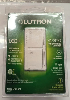 Lutron Maestro Fan Control and Light Dimmer MACL-LFQH-WH-White - New