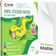 Printable Vinyl Sticker Paper for Laser Printer - Matte White - 100 Self-Adhesiv