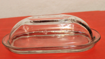 Clear Glass Butter Dish Keeper w Lid Rectangle w Rounded Top 7 1/2 x 3 1/4 x 2''