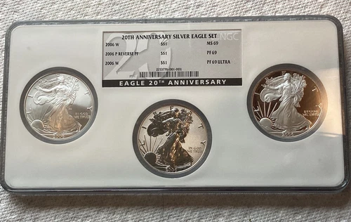 20th ANNIVERSARY SILVER EAGLE SET IN 3 PIECE NGC HOLDER MS-PR 69