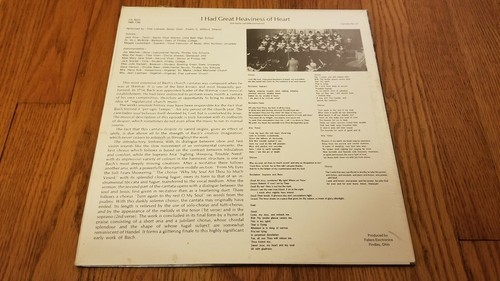 Bach Cantata 21 First Lutheran Senior Choir Fredric C Willford Vinyl Record LP - Picture 2 of 2