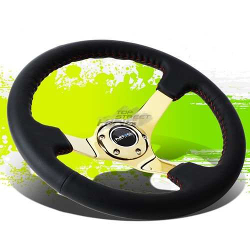 NRG RST036GD 350MM 3"DEEP DISH LEATHER GOLD SPOKE STEERING WHEEL W