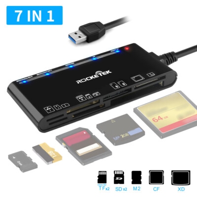 7-IN-1 USB 3.0 Memory Card Reader High-Speed Adapter for Micro SD SDXC CF Black