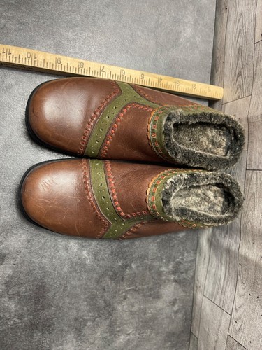 Clarks Artisan Mules Women 6.5M Shoes Clogs Brown Green Leather Lined Slip On - Picture 6 of 16