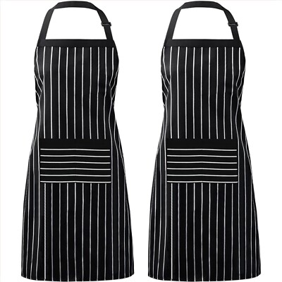 Versatile Adjustable Bib Apron Set - 2 Black/White Striped Kitchen Essentials