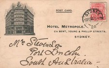 1906 ANTIQUE Hotel Metropole Sydney POSTCARD - sent to Port Lincoln NSW 1d Stamp