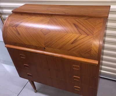 Teak Cylinder Roll Top Secretary Desk Swedish Danish Mid Century