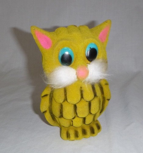 Vtg Mid Century Flocked MOD Owl Money Bank Coin Box Gold w/ Blue Eyes Hong Kong