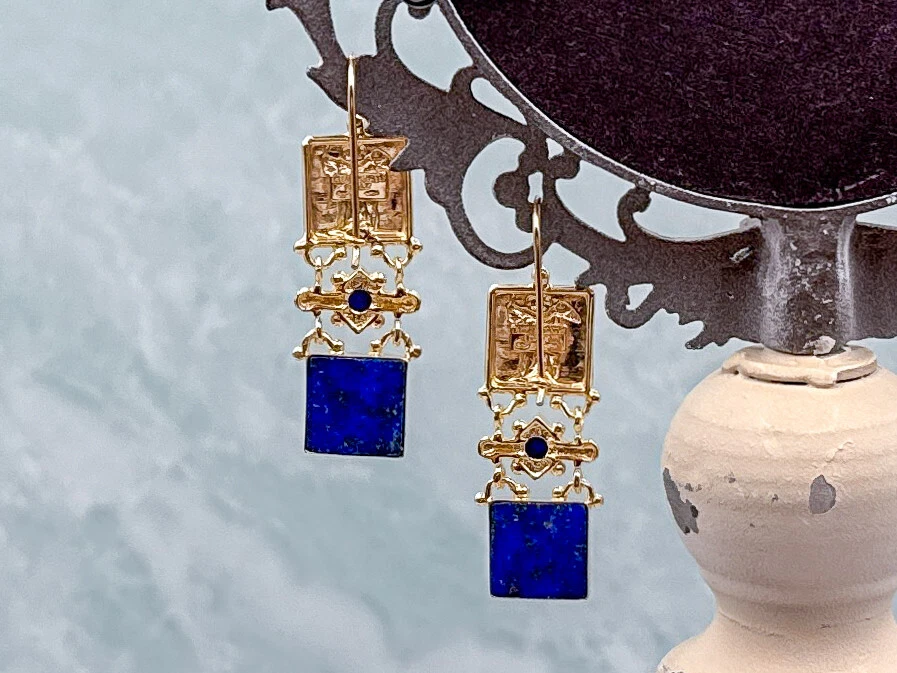 Pendientes camafeo TAGLIAMONTE (2318E) 925/YGP lapislázuli*psique, amore*reg. $225 Foto 4 de 4