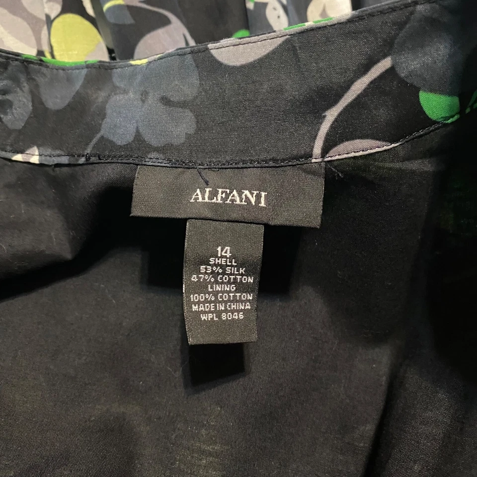 Vestido envolvente Alfani talla 14 inspirado vintage midi floral mangas gorra negro verde Foto 3 de 4