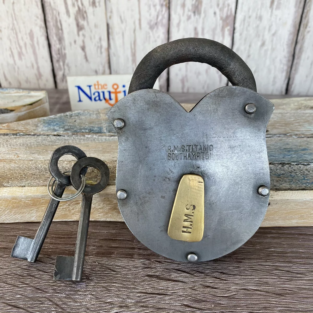 Old Style Iron Lock and Keys w/ Brass Keyhole Cover - Silver - RMS Titanic Large