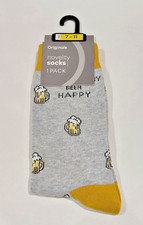 MEN'S NOVELTY SOCKS 7-11 FOAMING PINTS of BEER on GREY "DON'T WORRY BEER HAPPY"