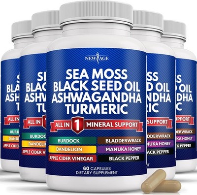 NEW AGE Sea Moss Black Seed Oil Ashwagandha Turmeric Bladderwrack Burdock - wi
