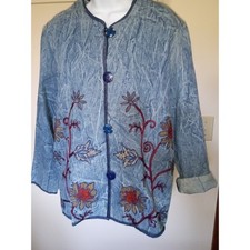 Vintage Acid Wash Denim Floral Embroidered Button Front Jacket Light Blue Boho