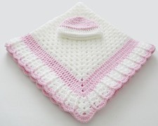 New Handmade Crocheted White and Pastel Pink Baby Blanket Multi Purpose with Hat