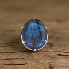 Blue Labradorite Ring 925 Solid Silver Statement Ring Flashy Labradorite Jewelry