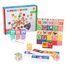 Wooden ABC Toy Building Blocks for Toddlers, Number Alphabet Blocks for Stacking