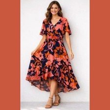 Abel The Label Womens Large Maxi Dress Floral High Low Flutter Sleeve Flowy Boho