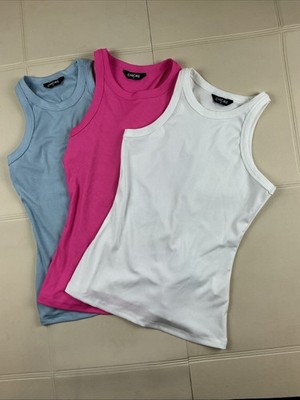 Chicme Set Of 3 Ribbed Racerback Tanks Small Baby Blue, Pink, And White Basics