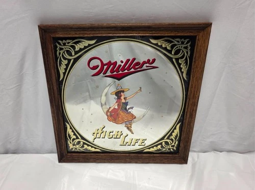 Vintage Miller High Life Beer Lady Girl on the Moon Mirror Sign