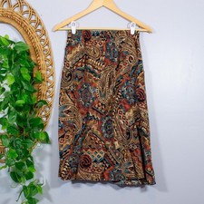 VTG 90s Paisley Midi Skirt Boho Tapestry Print Elastic Waist Earthy Dark Autumn