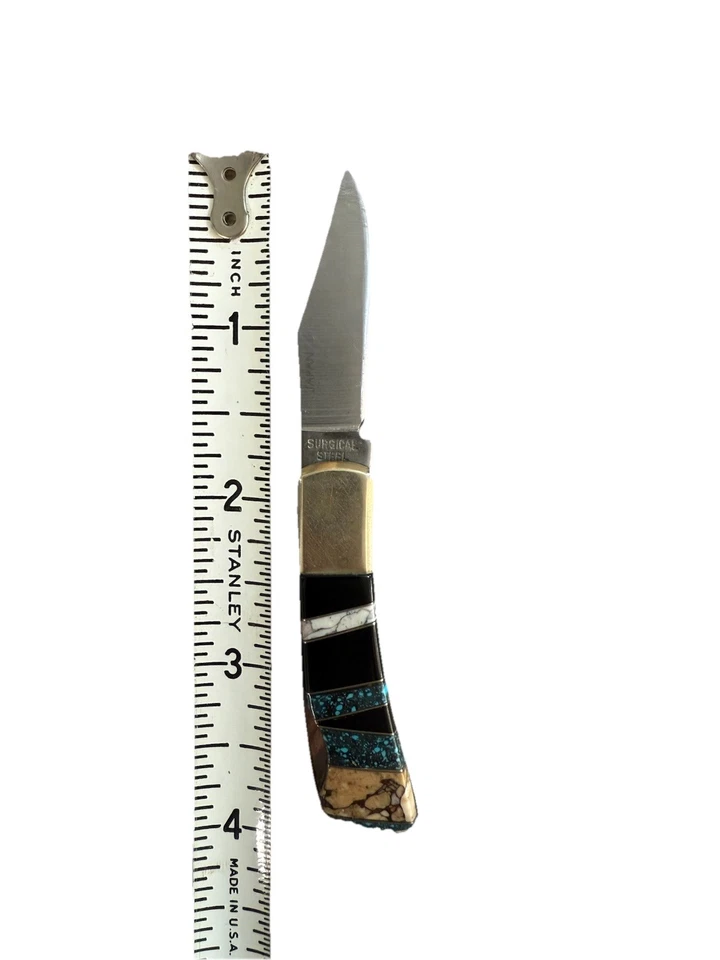 Faca de bolso rara vintage geada beleza preta preta e turquesa antiga  - Imagem 3 de 4