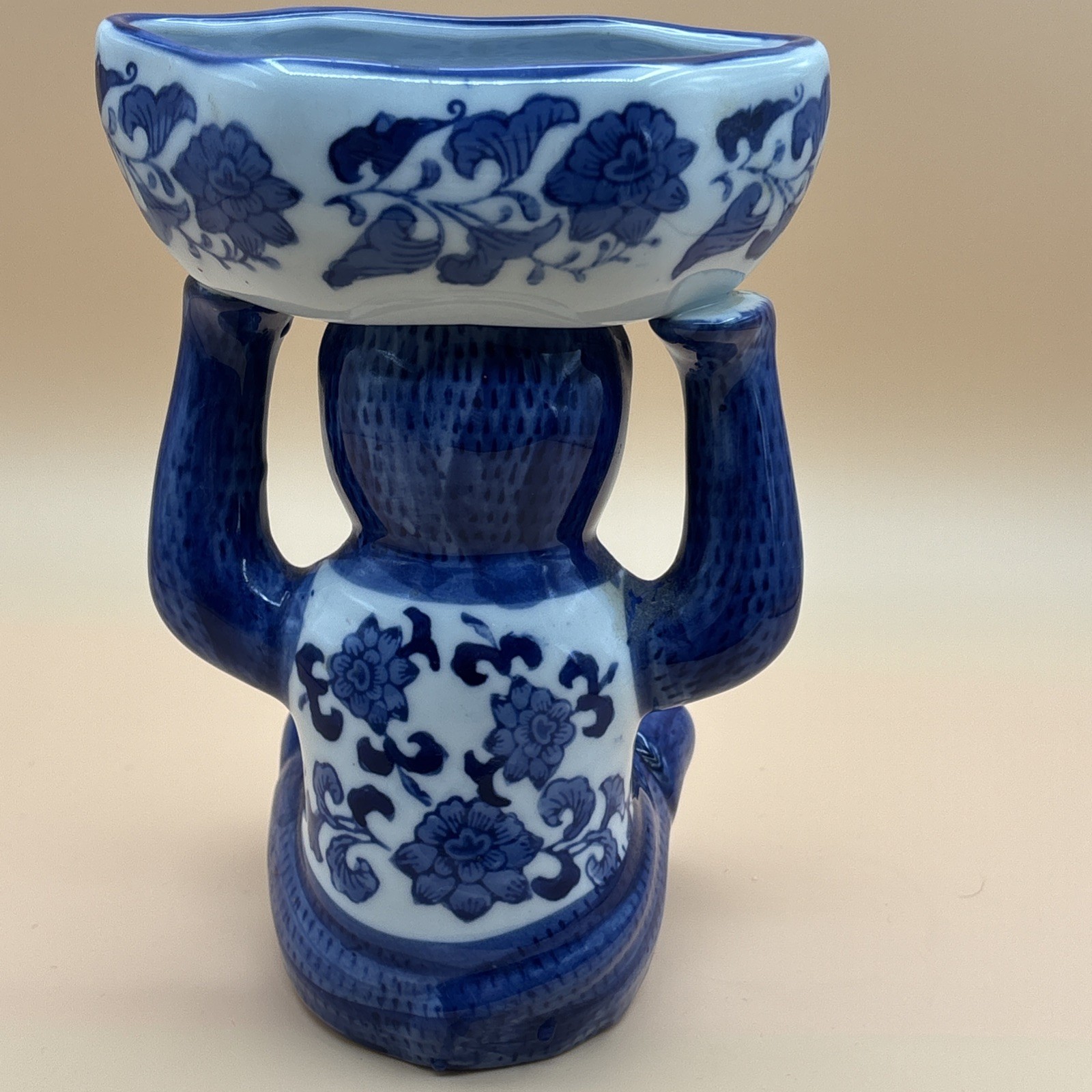 Vintage Chinoiserie Porcelain Monkey Blue White Holding Bowl Trinket Dish Soap