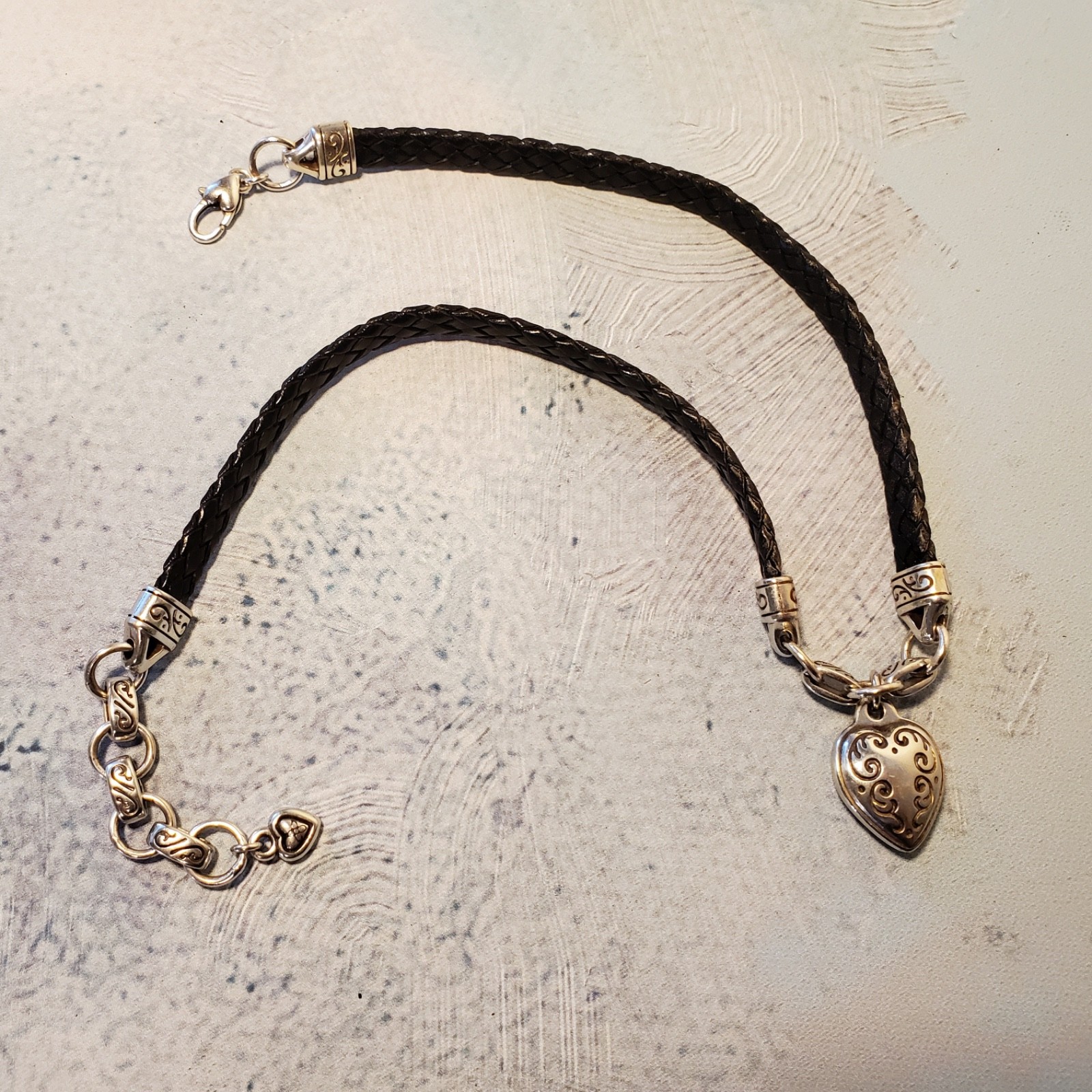 BRIGHTON Puffy Heart Necklace Black Leather Braided Black Cord Silver Plated 20