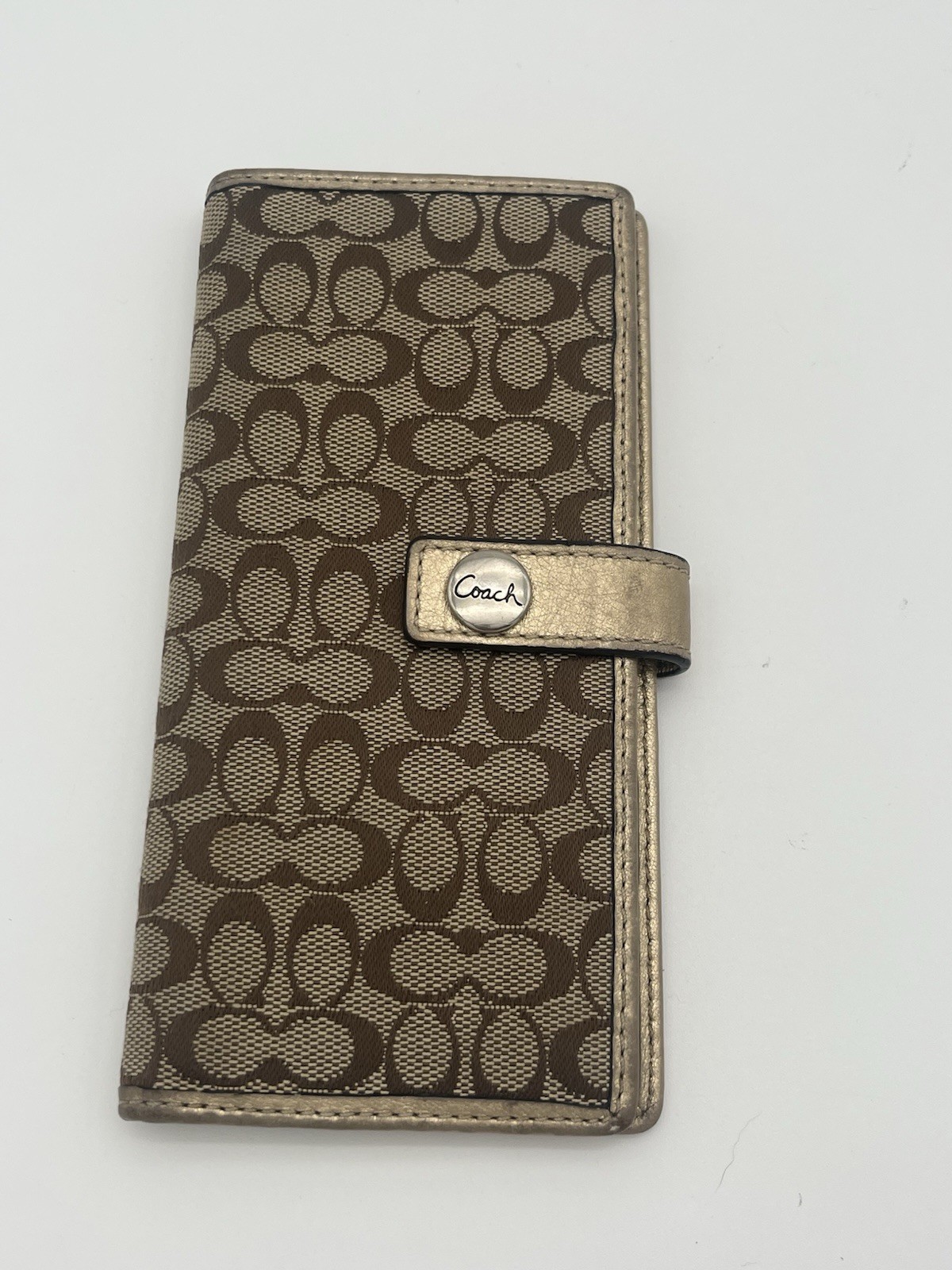 Coach Checkbook Wallet Gold Brown C Jacquard Fabric Snap ID Credit Slips