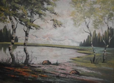 Vintage gouache painting lake landscape