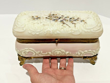 WaveCrest Footed Pink Opal Ware Glass Dresser Box CF Monroe Antique 9.5" LARGE