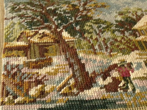 Vintage Antique Needlepoint Tapestry Completed Handmade Country View After Snow - Picture 2 of 4