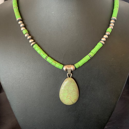 Womens Green Gaspeite & Turquoise Pendant Navajo Sterling Silver Necklace 12286 - Picture 5 of 12