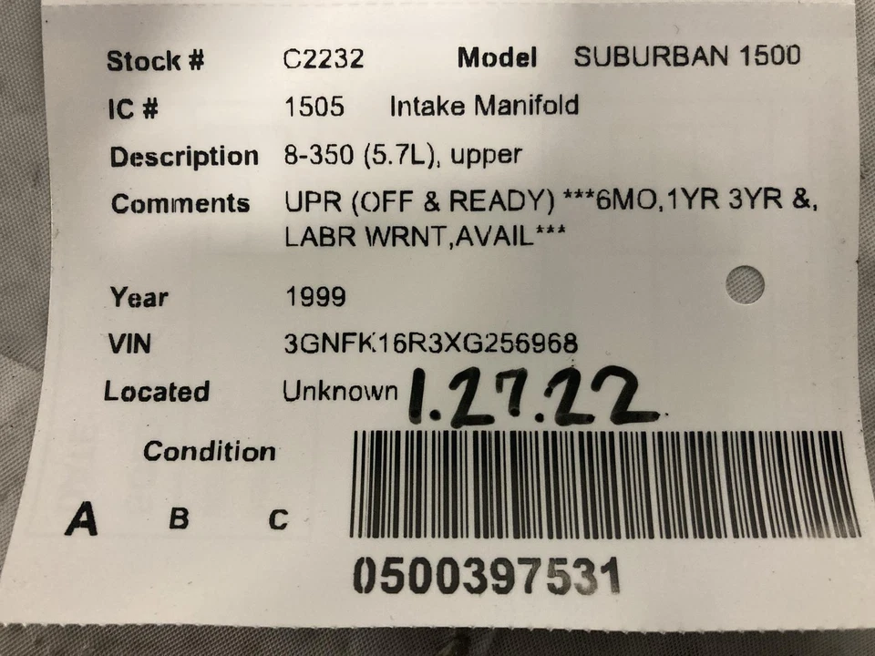 Used Upper Engine Intake Manifold fits: 1999 Chevrolet Suburban 1500 5.7L upper Foto 4 de 4