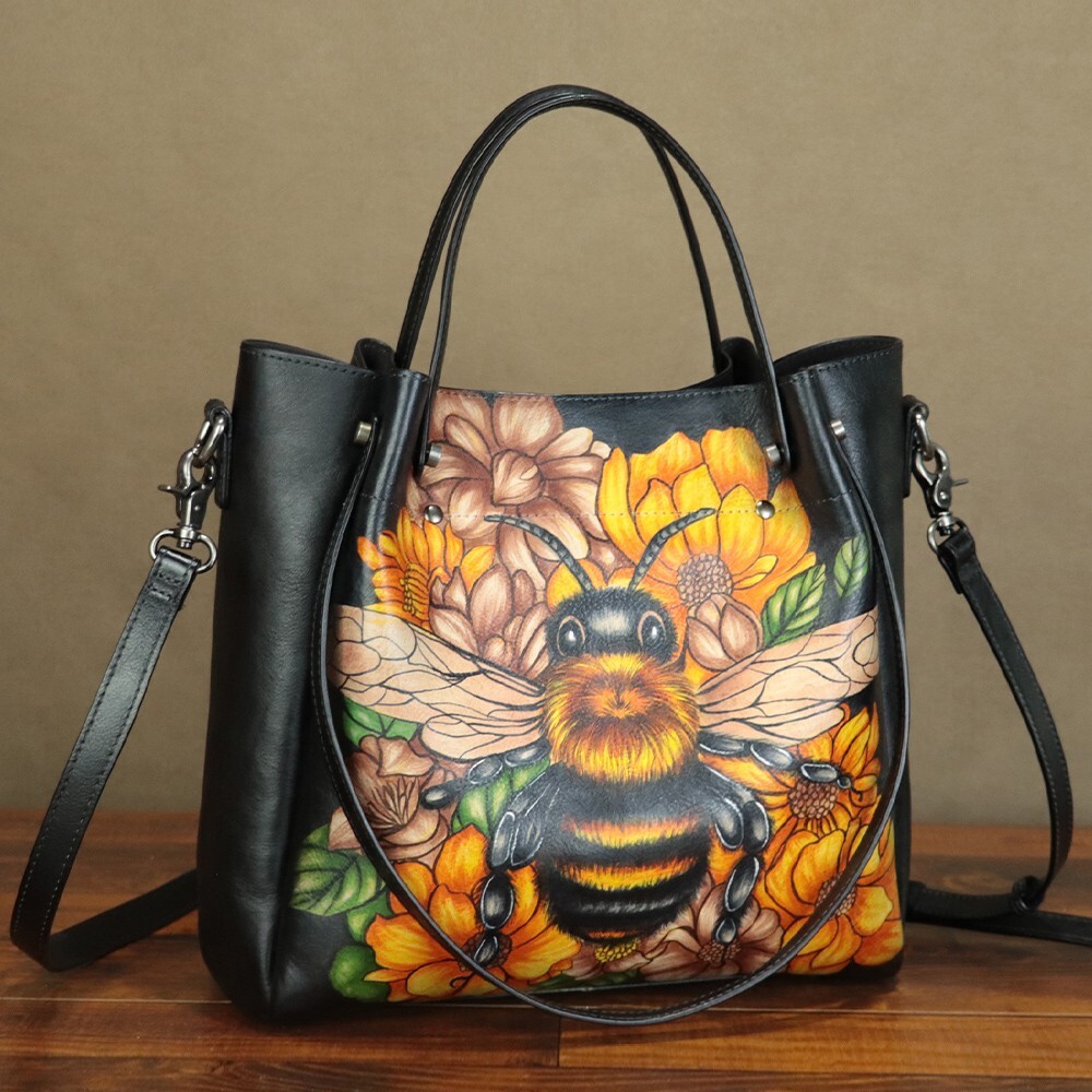 Genuine Leather Hand painted Purse and Handbag for Women Tote Bag Shoulder Bag