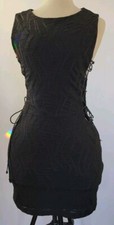 Black Patterned Textured Mini Dress Open Sided w/ Shoestring Closures Sz S (4)