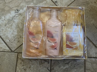 Gift Set Of 4 Body & EARTH Elements MANGO Mandarin Gel, Lotion,Salt, Puff